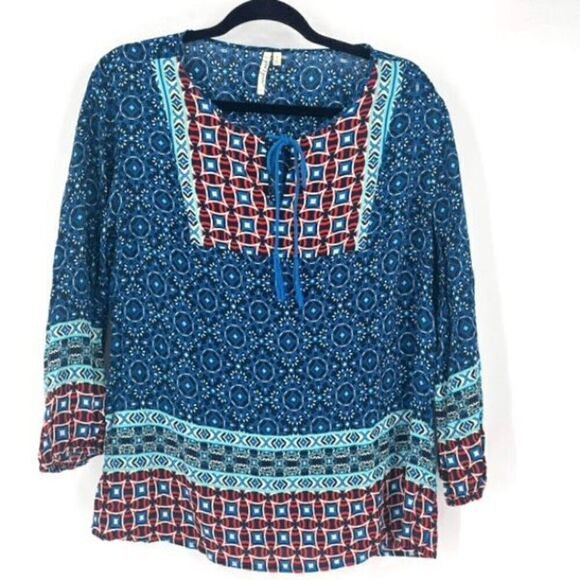 Grand &‎ Greene Women's Geometric Print Tie 3/4 Sleeve Blouse Bohemian Large - Picture 1 of 7